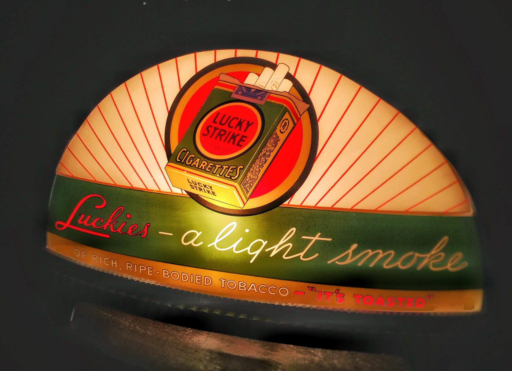 INAUGURAL GILLCO™ LUCKY STRIKES CIGARETTES PORCELAIN REVERSE ON GLASS (ROG) CABLIGHT SIGN